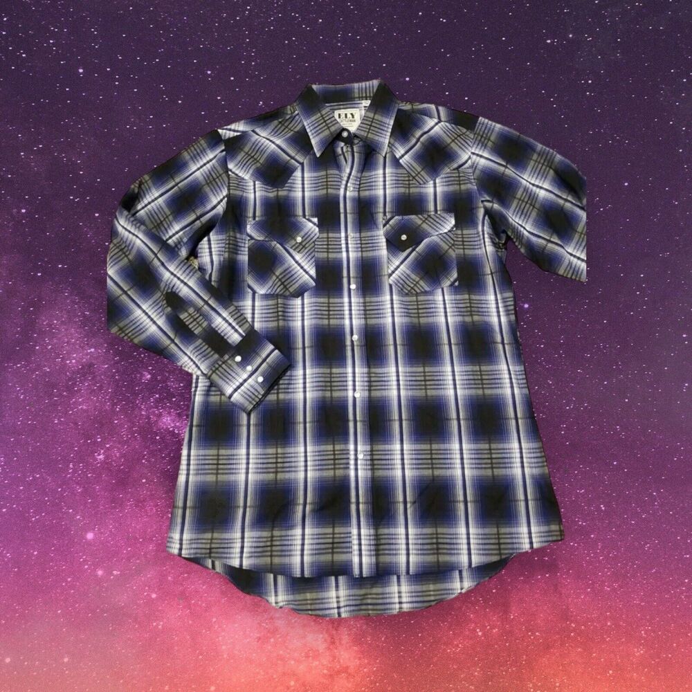 Ely Cattleman | Blue White Black Plaid Pearl Snap Long Sleeve‎ Button Up Men Med